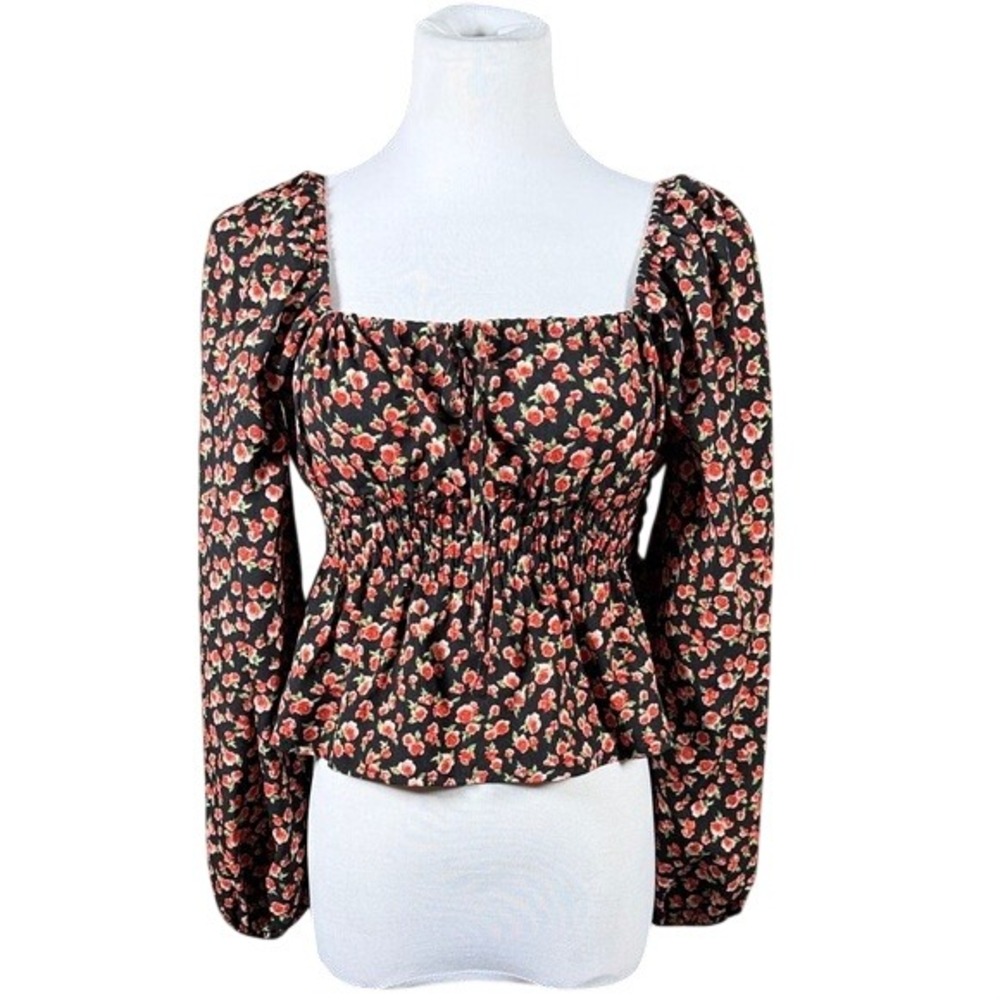 Cider Women Black Red Rose Floral Smocked Peplum Blouse Square Neck Small NEW
